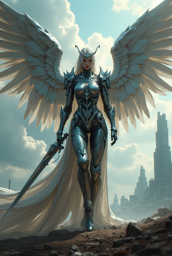 archangel lucifer,war effect,REAL - style image of a woman with a sword in a field, cyberpunk art inspired by Leng Mei, cgsociety contest winner, fantasy art, beautiful cyborg angel girl, angel knight girl, as a mystical valkyrie, battle angel, angel in plastic armor, mechanized valkyrie girl, unreal engine 4k wallpaper, wraith from apex legends, epic angel wings