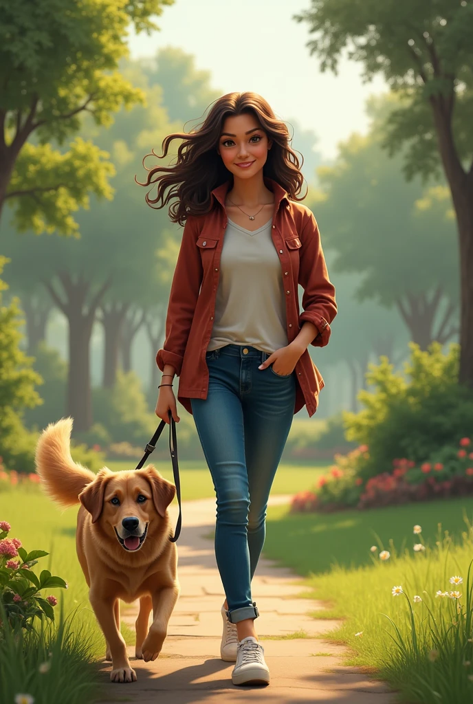 Brunette girl with curly hair walking a dog and a wide background of a park behind her