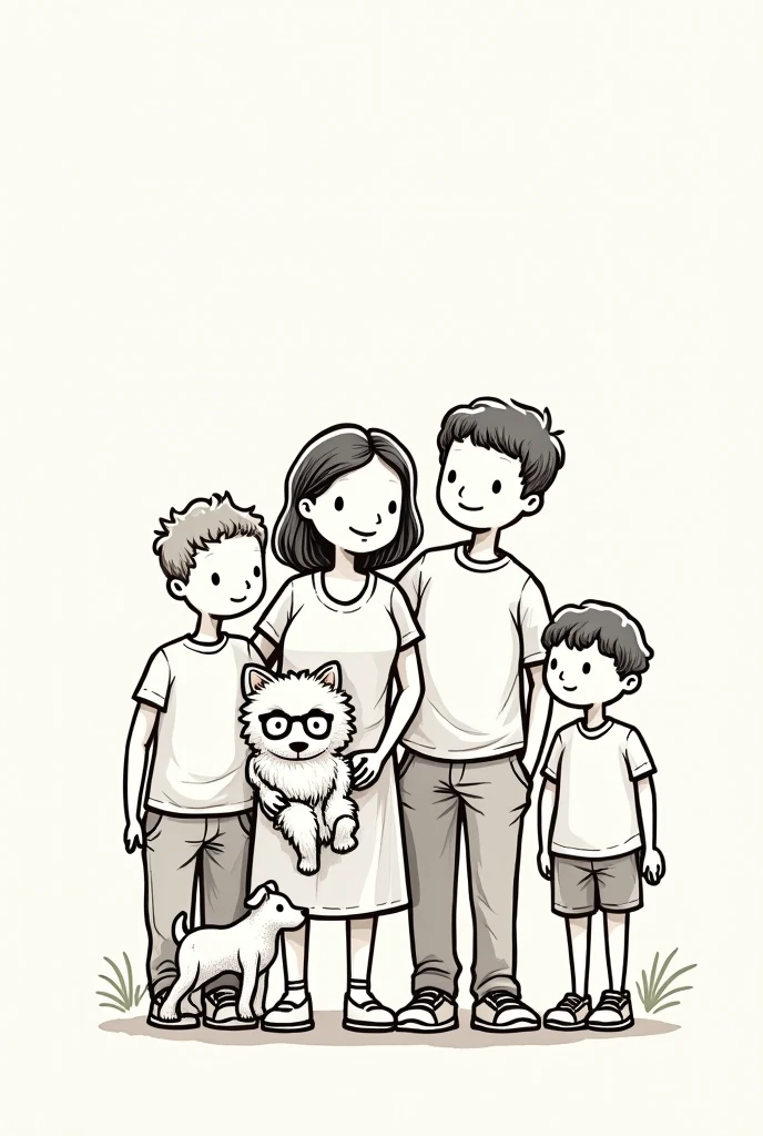 Drawing made with lines and sticks of a mother and 3 brothers ( a sister with glasses, an older brother and a younger one) and next to the grandmother. with a little dog