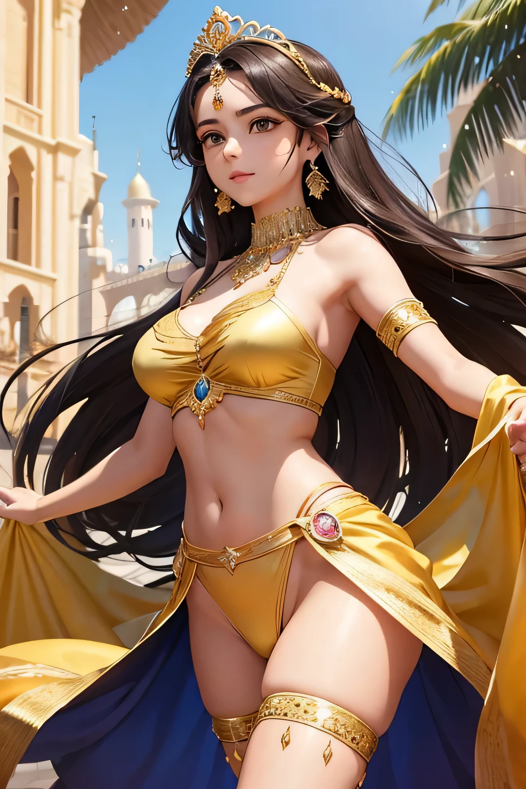 "A stunning Middle Eastern princess with dark brown, medium-length curly hair dances gracefully on a grand stage in the heart of Sheherazade Kingdom's capital city. The stage is set in a magnificent courtyard, surrounded by intricately designed arches and lush palm trees. The bright midday sun casts a warm glow over the scene, highlighting the princess's flowing silk costume adorned with gold embroidery and precious gems. Her movements are fluid and mesmerizing, as she performs a traditional dance that tells the stories of her ancestors. The crowd watches in awe, their colorful attire reflecting the vibrant culture of the kingdom. The entire scene is bathed in the golden hues of the sun, with the royal palace in the background, creating a breathtaking spectacle of elegance and tradition.",Upper body only,(((Panty shot)))