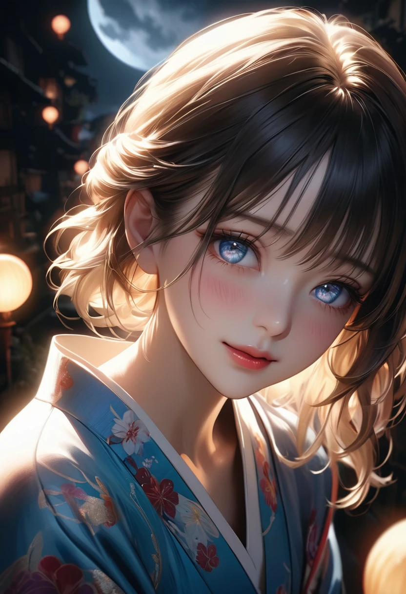 a beautiful girl in a vibrant kimono confessing her love under the light of a large full moon, her face flushed with nervousness and shyness, gazing up with large, captivating eyes, light-blue eyes, bright eyes, dramatic shadows and backlighting, (best quality,4K,8k,highres,masterpiece:1.2),ultra-detailed,(realistic,photorealistic,photo-realistic:1.37),dramatic lighting,stunning detailed eyes,extremely detailed face,flawless skin, white hair, pale skin,long eyelashes,detailed lips,soft lighting,cinematic,romantic,emotional,radiant colors,glowing moon,dark night,reverse backlighting,underexposed,unreadable expression,moonlit aesthetic,dramatic shadows,looking directly at viewer,I've always loved you❤️,(shot from above:1.37), ずっとあなたのことが好きでした❤️, blush, A meaningful smile, Draw the moon high up, 