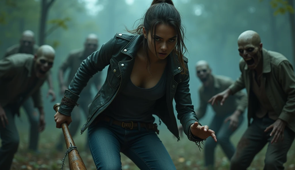 cinematic lighting, shallow depth of field, hazy mood, intense gritty, a woman wearing worn leather jacket, dark t shirt, denim pants, holding a barbed wire baseball bat, lowering her body in defensive stance, she is surrounded by five zombies inside a forest.