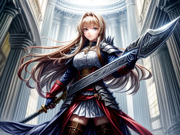 A female student holding a gigantic great sword,
