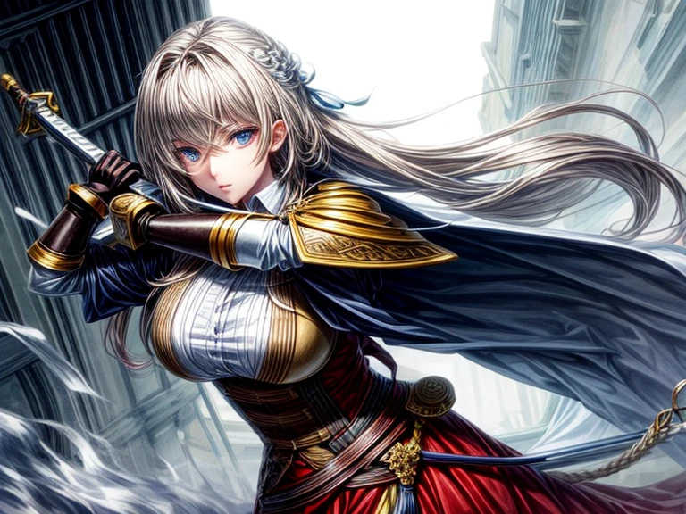 A female student holding a gigantic great sword,