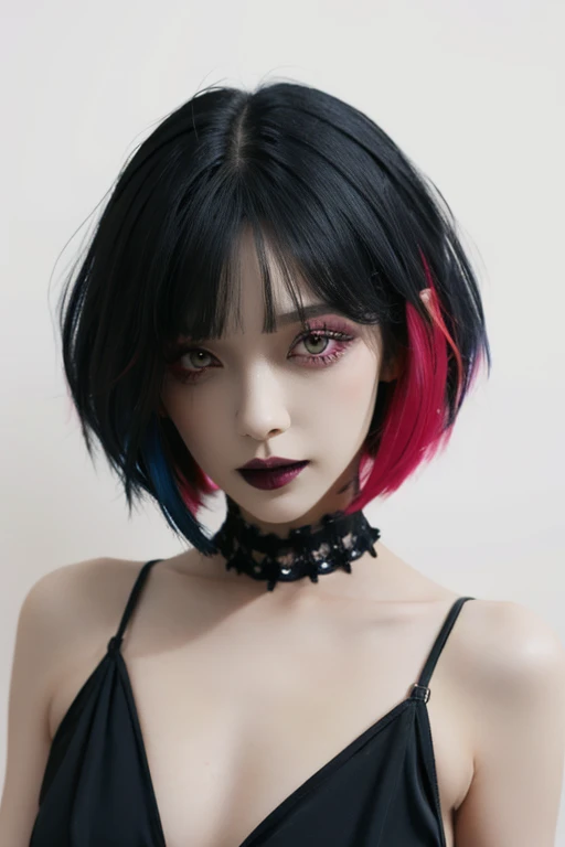 One girl,alone, Upper Body,View Viewer, White Background, Bobcut, short hair, Multicolored Hair, compensate , Lips parted, Black Lips, eyeliner, Gothic, Goth Girl, ((Multicolored Hairの色:1.2)),((Small breasts:1.2)),(((Completely naked))),(((nsfw)))