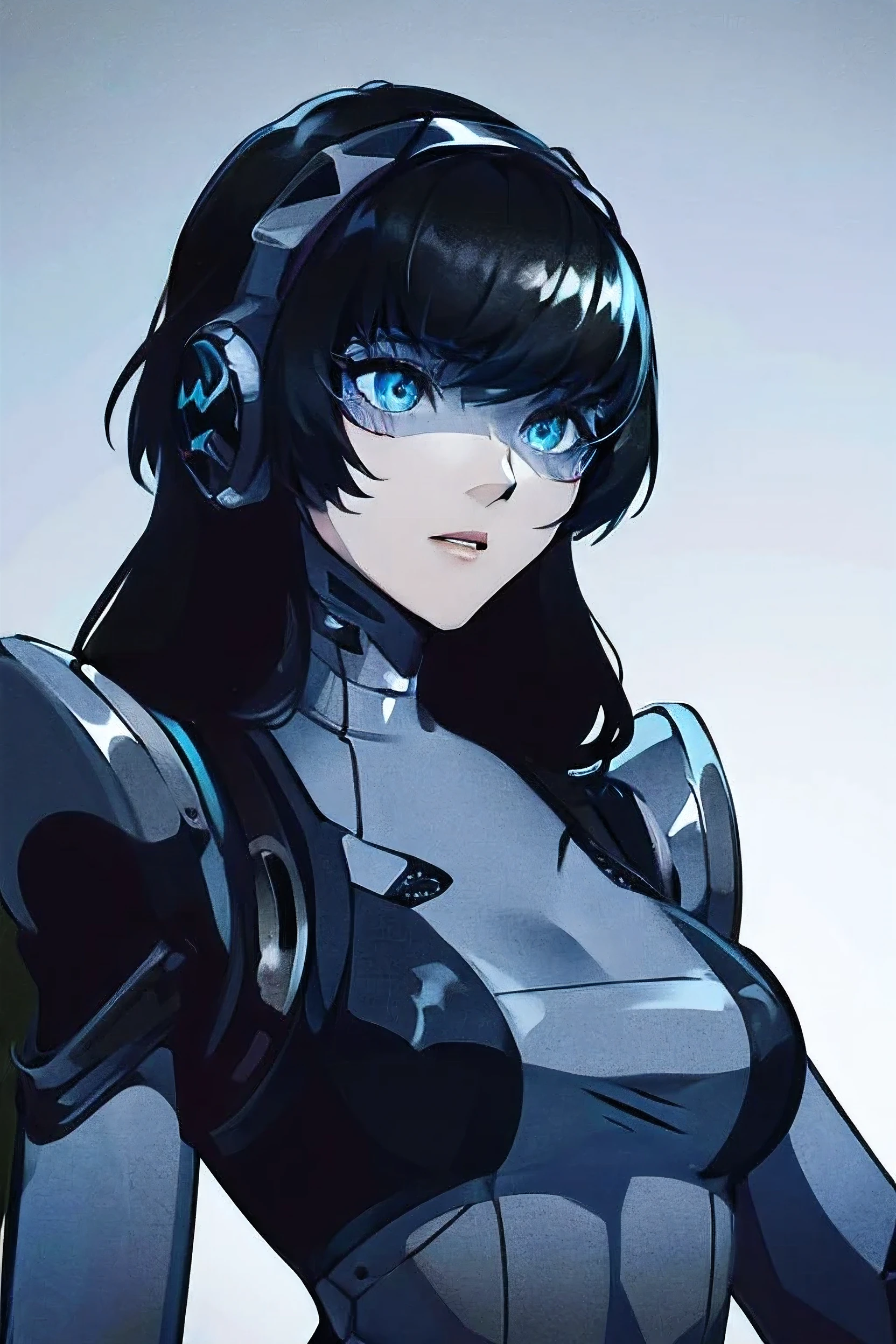 empty eyes,robotization,woman ,big bust,Robot Joint ,Metal skin,Black Suit,long hair,a black suit that covers the whole body,aegis(persona3)