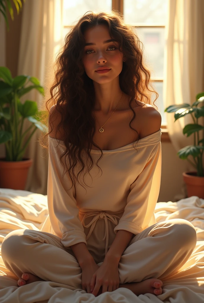 (photorealism:1.2), beautiful woman, sitting on bed, wearing loose off-shoulder top, pajama pants, long curly hair, indoors, soft lighting, plants in background, window with sunlight, cozy room, relaxed pose, realistic, intricate details, warm colors, by Greg Rutkowski, by Alphonse Mucha