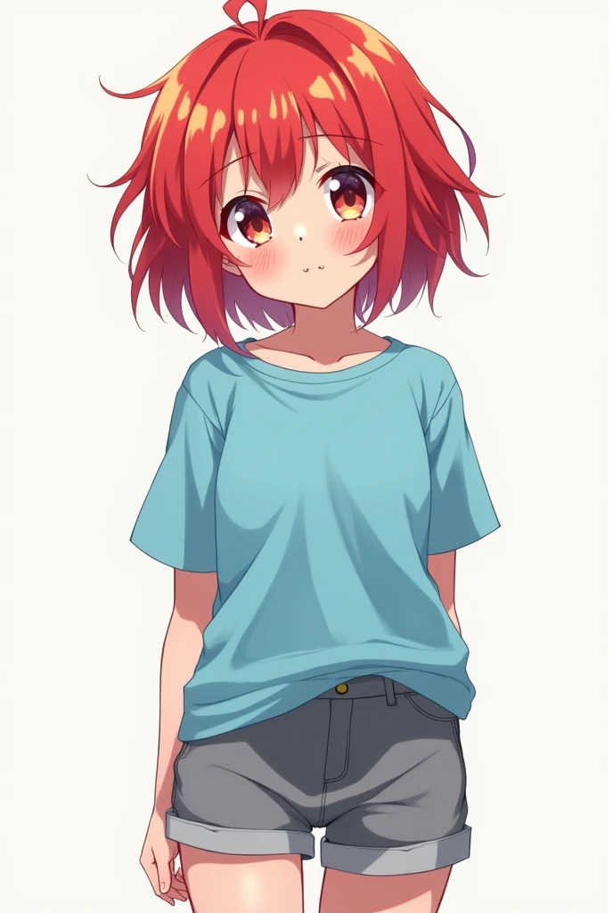 It is a short, medium-short red-haired anime woman wearing school clothes, a blue t-shirt, and gray .