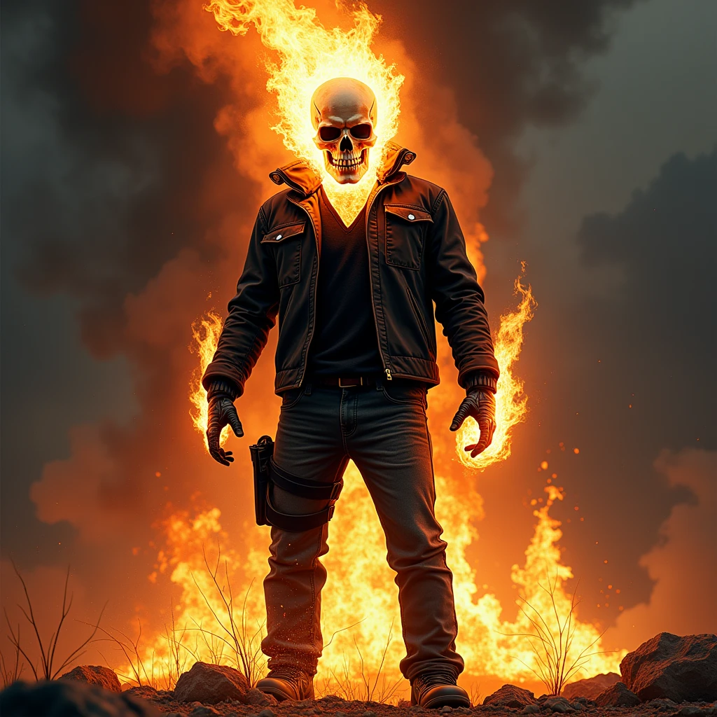 (RAW Photo, Best Quality), (Realistic, Photorealistic Photo: 1.3), Best Quality, Highly Detailed, Masterpiece, Ultra Detailed, Illustration, ghost rider, burning skull, black jacket, black jeans, black shoes, epic background, standing angry with big flame, upper body, ghost riders costume, Best Quality, Extremely Detailed CG Unified 8k Wallpaper, Ink, Amazing, badass look, fullbody, high detail (skull texture), intricately detailed, fine details, hyperdetailed.