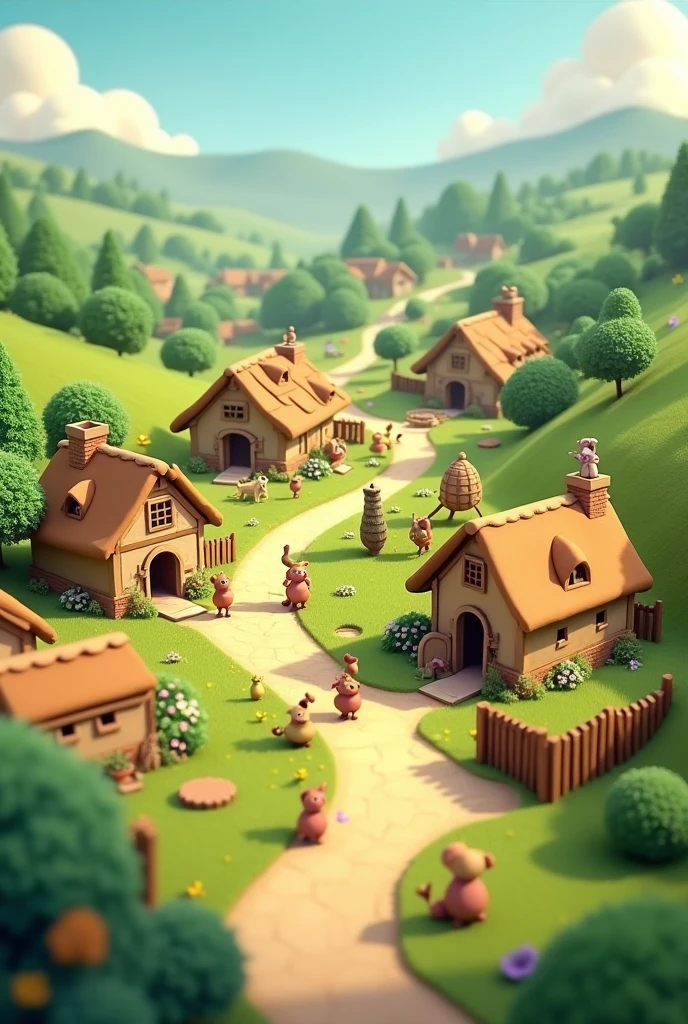 cartoon 3d animation style "**A small village surrounded by green fields** with simple mud houses and a peaceful atmosphere.