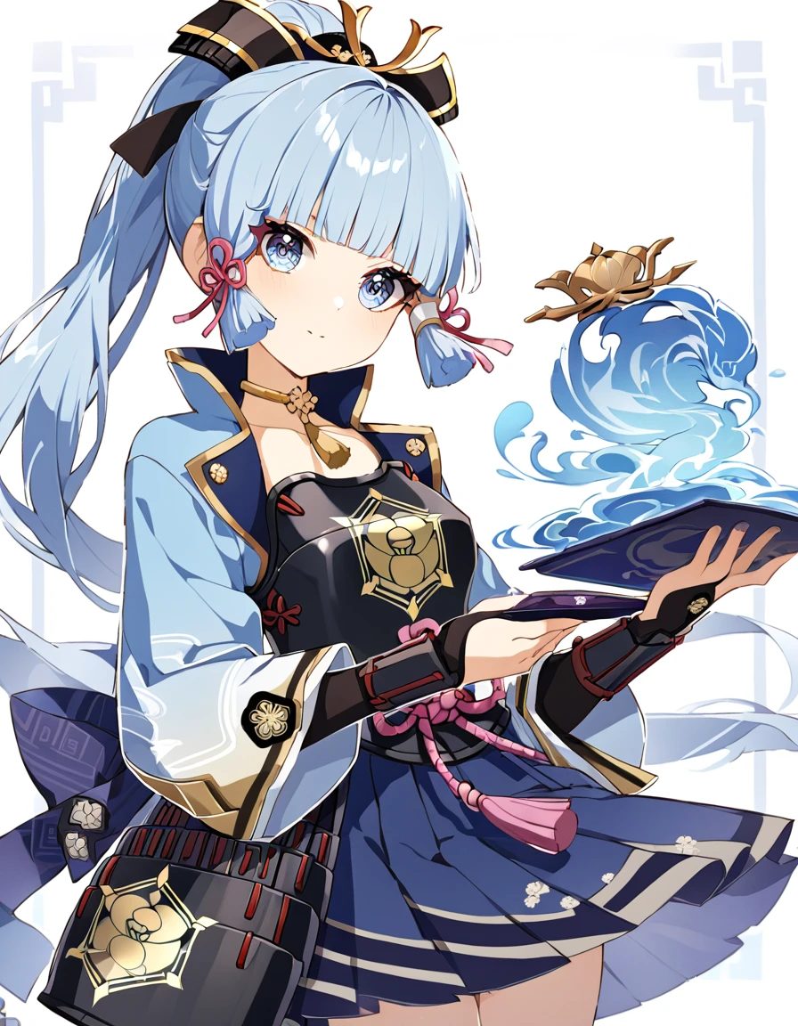 Ayaka Kamisato（Genshin Impact　Light blue hair　ponytail　Light blue eyes　Light blue kimono　Navy Blue Skirt　Black Breastplate）