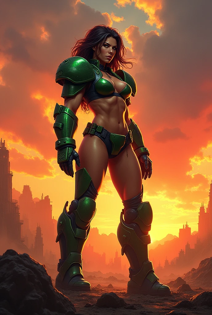 Masterpiece, best quality, ultra detailed, 1girl, Female Doom Slayer, underboob, sunset battlefield
more_details:0, more_details:0.5, more_details:1.5, DOOM Girl, doom eternal, green Bikini armor, more_details:-1, more_details:0, more_details:0.5, more_details:1, more_details:1.5