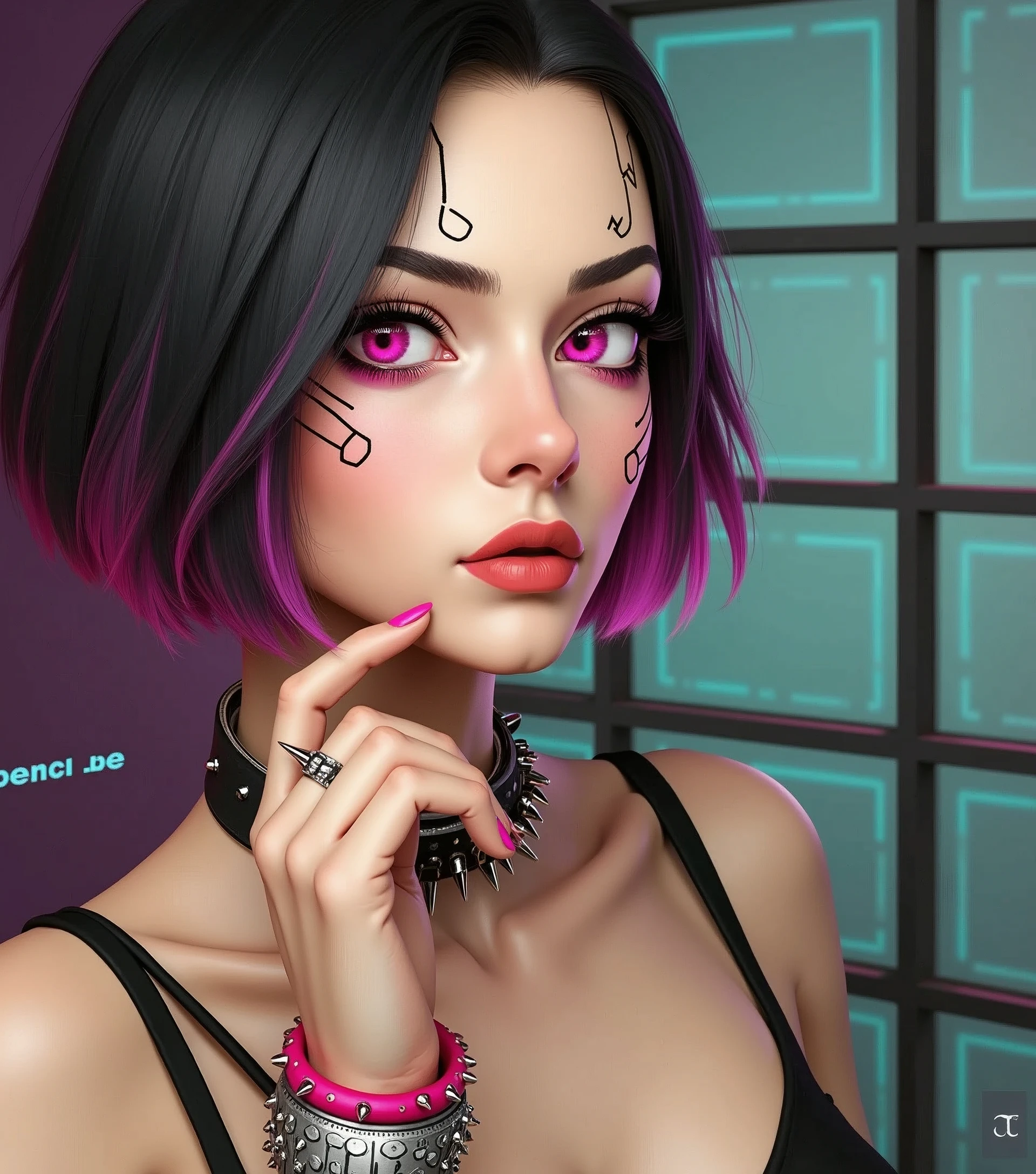 A futuristic cyberpunk woman with short, dark purple hair tipped in bright pink. She has vivid pink eyes and pale skin with circuit-like facial markings, giving her a cyborg appearance. The woman wears a black sleeveless top, accessorized with a spiked bracelet and a neon pink bracelet. The background features a neon grid with retro-futuristic purple and blue hues, evoking an 80s cyberpunk aesthetic.