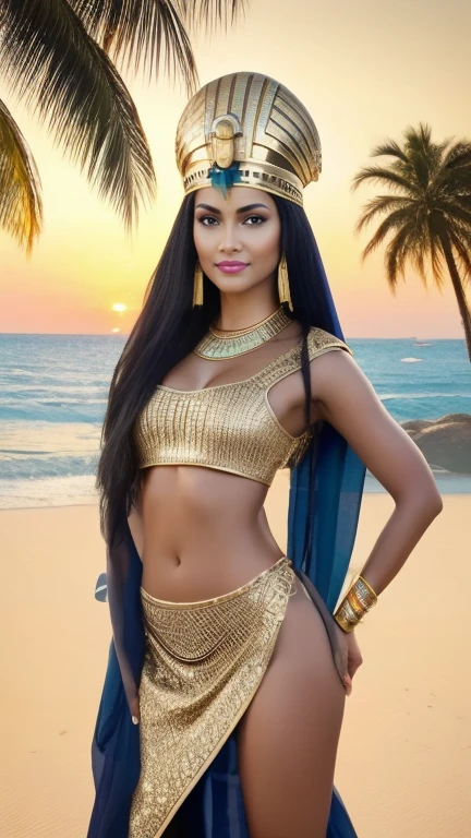 hyper realistic, ultra detailed photograph of a woman with in futuristic headwear inspired by an ancient Egypt queen, Cleopatra headwear, Womens Black Egyptian Goddess Cleopatra Costume with gold decorations, snake, gold, silver, stones, scarab beetle, microchips, integrated electric circuits, brown skin, slim body, dark hair, latina, Salma Hayek look, golden hour, warm sunlight fractal details, full body pose, natural pose, depth of field, HOF, hall of fame, detailed face, model facing camera, beach with palm trees, orange sunset, orange sun, tropical beach, professional photographer, captured with professional DSLR camera, ultra detailed, ultra accurate detailed, bokeh, cinematic, intricate, epic, freckles, detailed mascara,