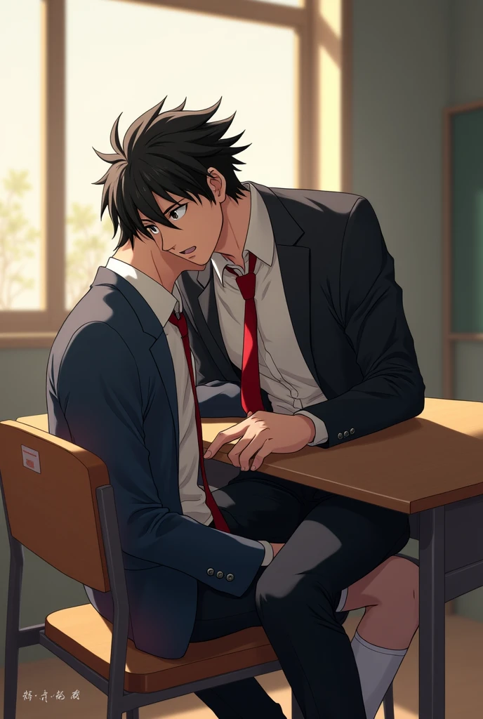 (photorealism:1.2)Image from My hero academia, Bakugo Katsuki being fucked by Shouta Aizawa on a classroom desk