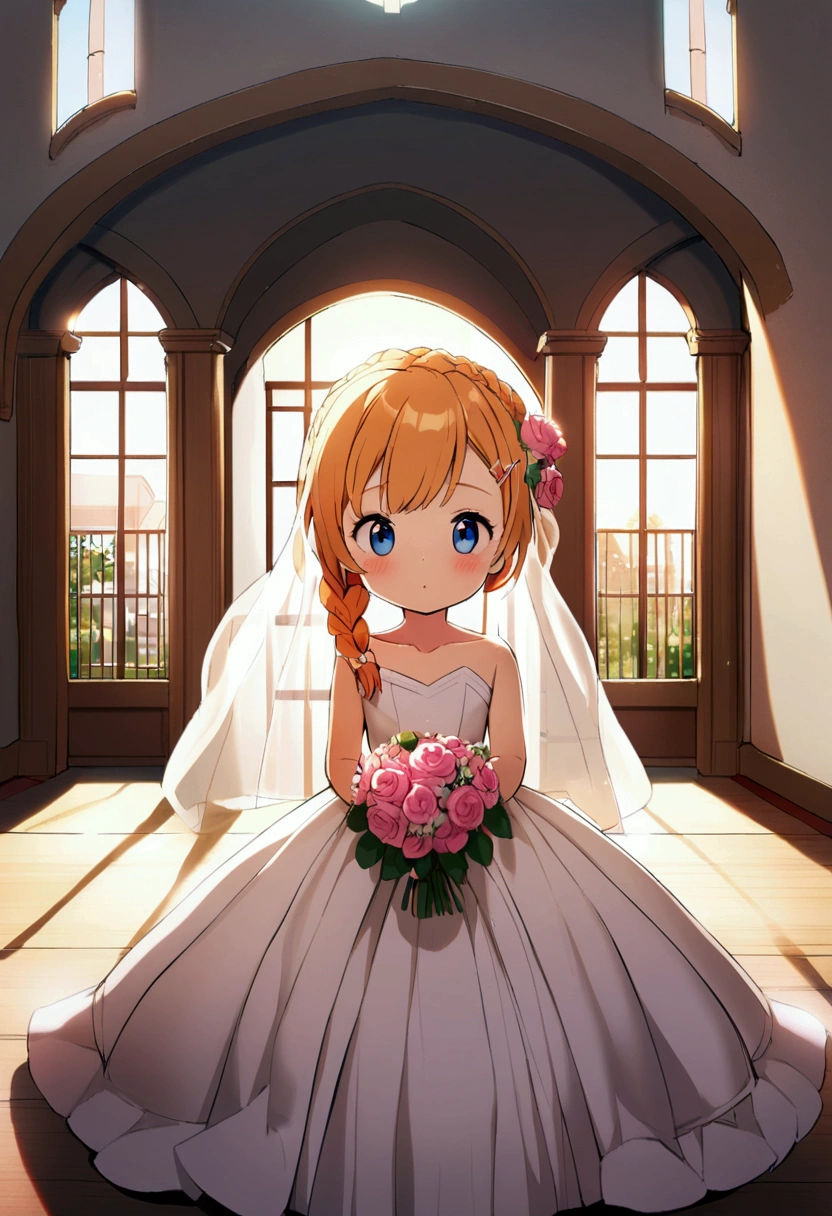 6 year old girl with orange blonde hair, plait, dark blue eyes, wedding dress, pink flower clip