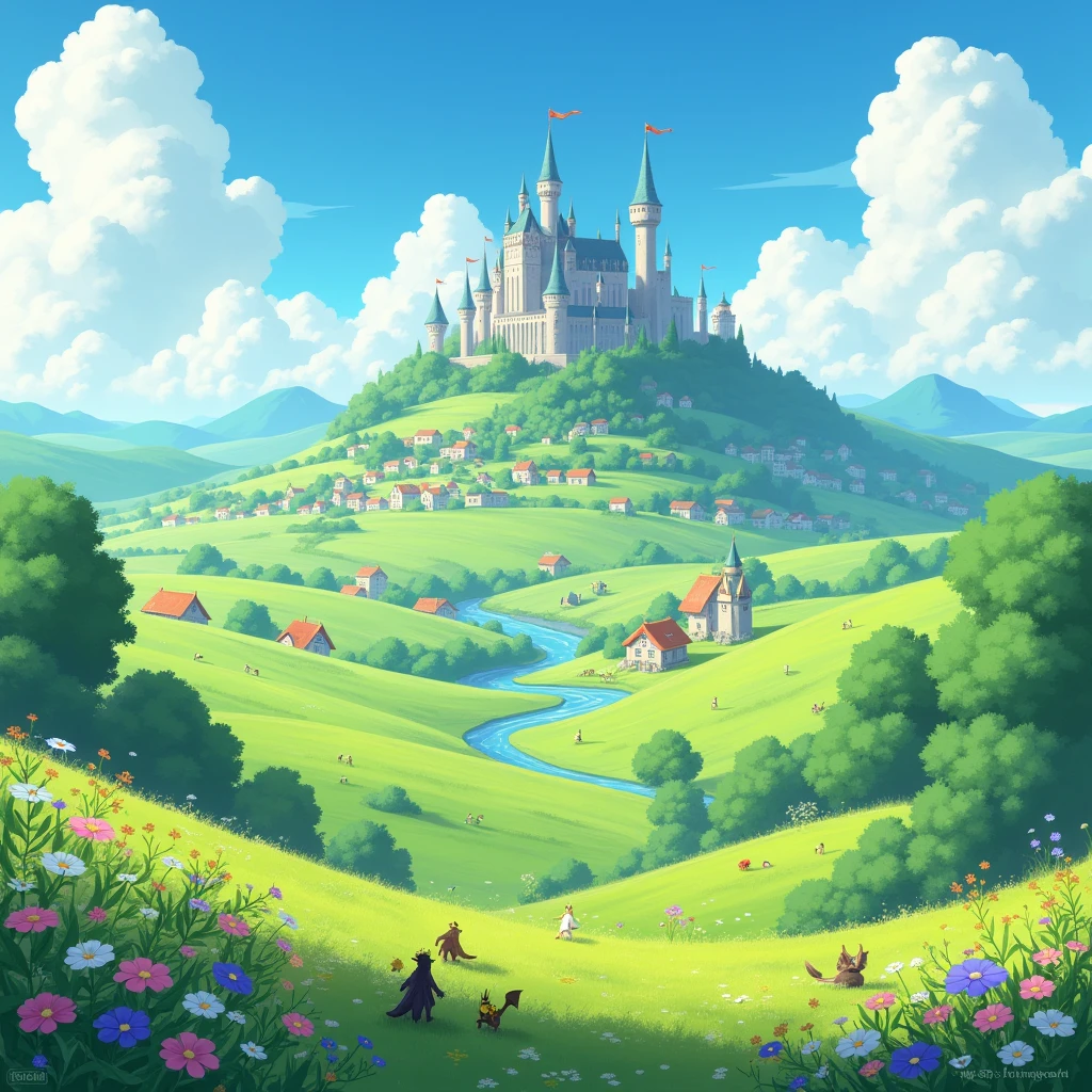 In this anime-style fantasy world, you see an expansive green landscape stretching as far as the eye can see. The sky is clear blue with a few scattered white clouds, and the warm sunlight bathes the scene, giving it a peaceful and inviting atmosphere.

In the distance, there's a small town filled with houses with orange and red rooftops. The most prominent feature is a large stone castle perched on a hill, with tall towers that stand out against the horizon. Some towers have flags gently waving in the breeze. Roads and bridges connect various parts of the town, making it look like something straight out of a fairy tale.

The vast green fields are dotted with large trees, and in some areas, colorful flowers bloom, adding vibrancy to the scene. A small river winds its way through the landscape, creating a soft, calming sound as it flows.

You might also spot some fantastical creatures, like small dragons or cute animals, wandering through the fields, adding a touch of magic and otherworldliness to the scene.

This description should help you visualize the anime-style fantasy world with a vast green landscape and a distant town clearly and vividly