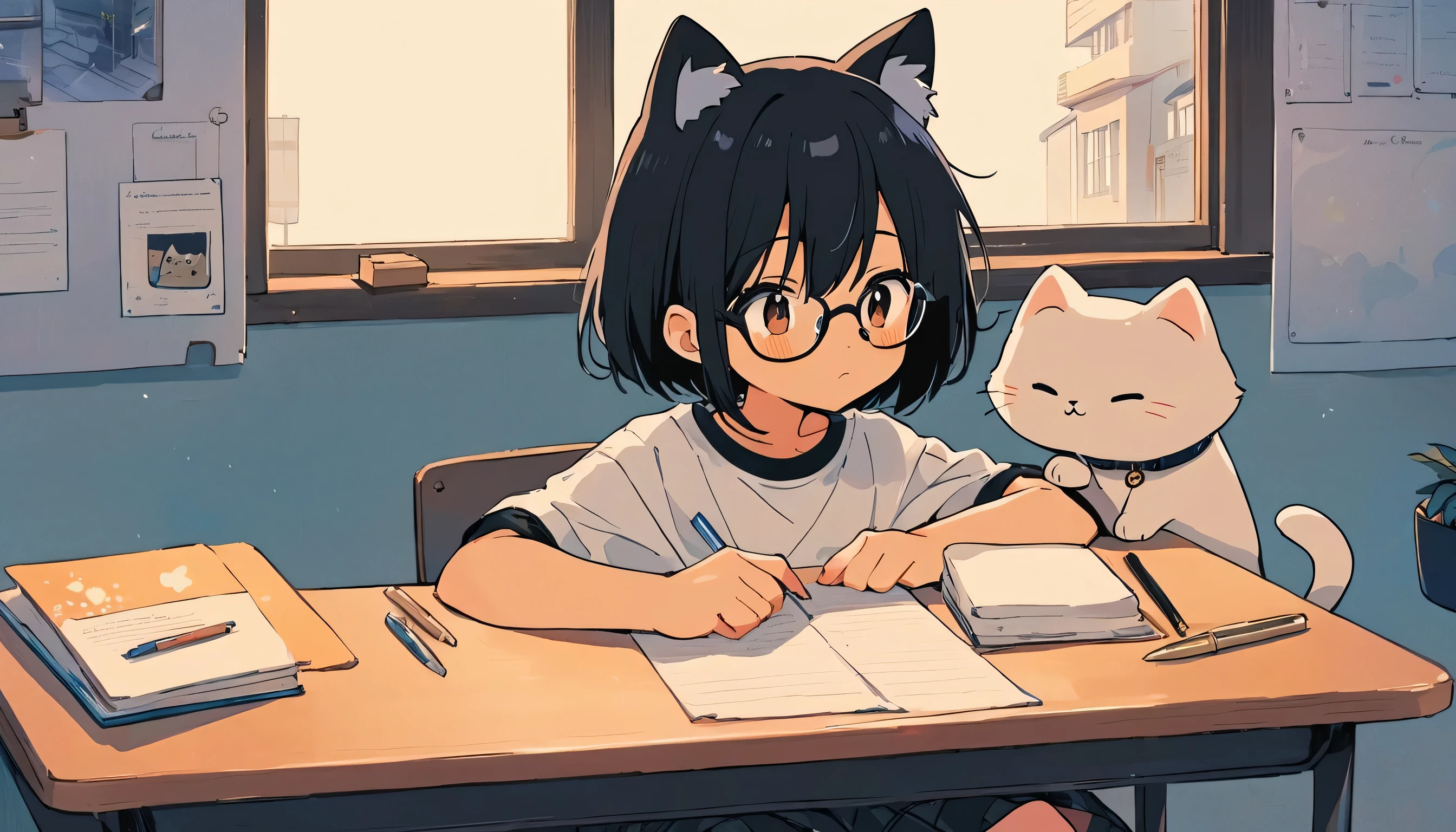 anime boy with black hair and glasses sitting at a desk with a cat, inspired by Okumura Togyu, inspired by Okumura Masanobu, in anime style, anime visual of a cute cat, in an anime style, anime asthetic, anime cat, anime aesthetic, modern anime style, anime lover, anime picture, pin on anime