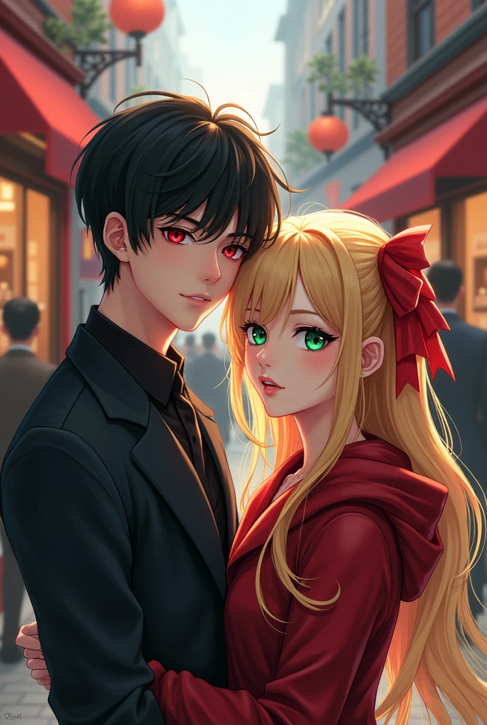 Handsome boy with red eyes, black hair, Next to her a beautiful girl with golden hair and emerald eyes and bangs a red ribbon, In the background a street with lots of people and a shop with red bricks