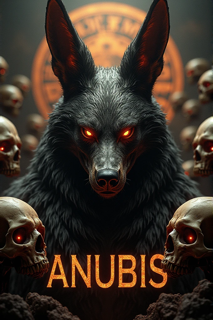realistic 6.5 inches
anubis logo looking furious, surrounded by skulls with burning eyes, with name "ANUBIS", his backround is zodiac sign, photo size is 9×16, realistic photo, professional photography, UHD, HDR, 16k , high resolution
