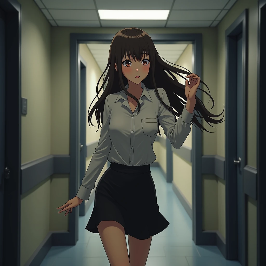 Run away from something、Run、dynamic、Speed、幽霊にbe scaredポーズ、fear映画の被害者、Close ~ eyes、shout、Turn pale、(((One woman, 20 years old)))、(((Company entrance hall)))、receptionist、((Brown Hair、Long Hair))、(((fearの表情))),(( be scared、fear))、((((White blouse、Black tight skirt))))、(((Horror))), anime、animecg、Portrait