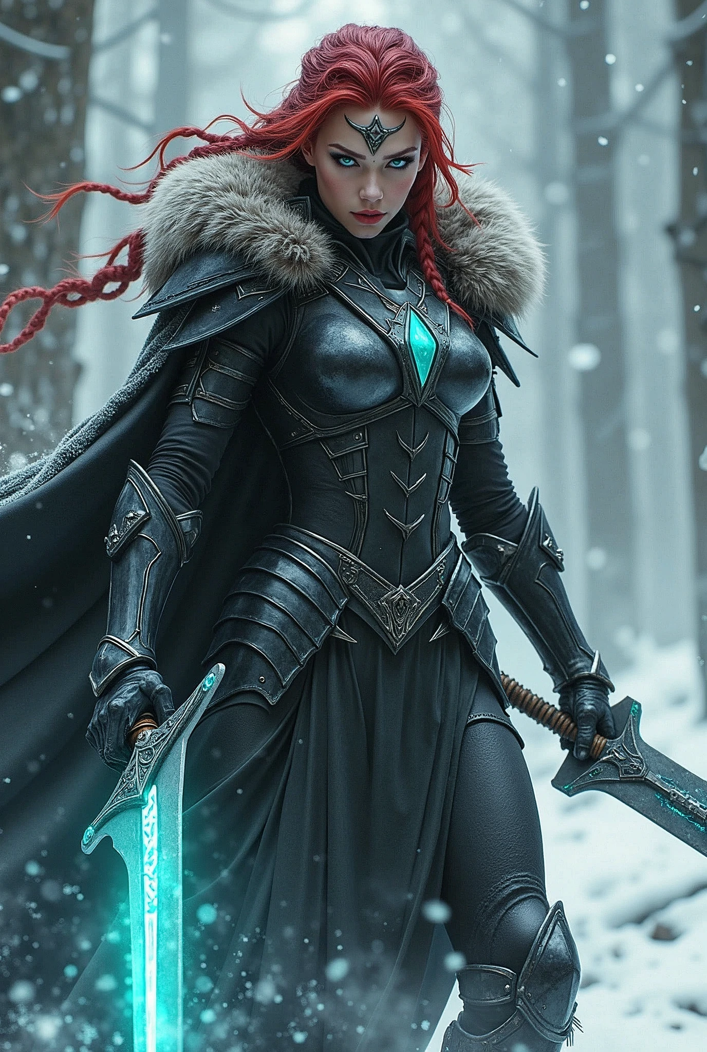 ((upper torso, armored female barbarian savage, battle worn black chrome gloss armor, fur, black cloak, ((((supermodel, triangularface)), [bright red hair:dark hair:0.7]))), iceblue eyes, blackout eyeshadow, iron tiara), braids, massive glowing seafoam lightning engraved sword, windy, outdoor frozen snow snowy forest, dynamic battle pose, lunging, side view
