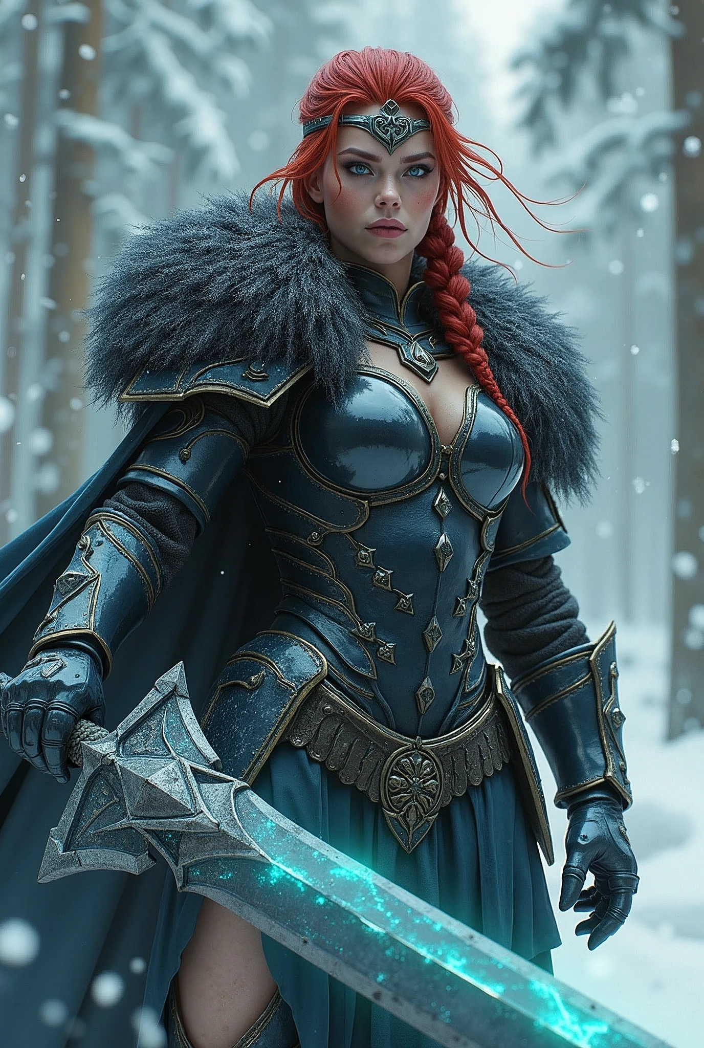 ((upper torso, armored female barbarian savage, battle worn black chrome gloss armor, fur, black cloak, ((((supermodel, triangularface)), [bright red hair:dark hair:0.7]))), iceblue eyes, blackout eyeshadow, iron tiara), braids, massive glowing seafoam lightning engraved sword, windy, outdoor frozen snow snowy forest, dynamic battle pose, lunging, side view
