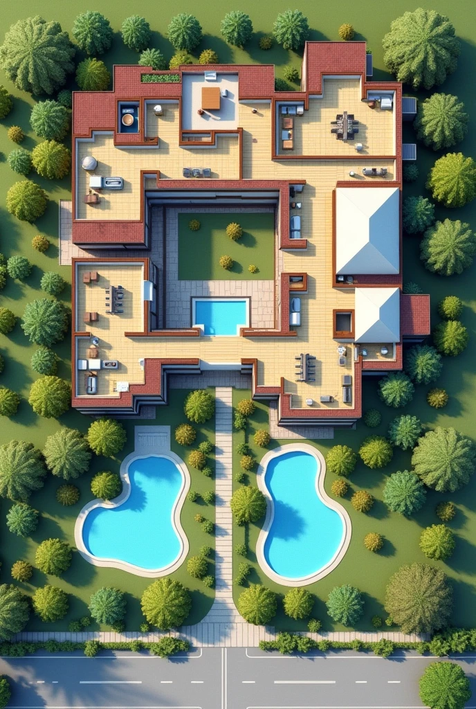 2D hotel floor plan showing the reception area first, a restaurant, The recreation space, the rooms, A SPA room, An area for people with disabilities, 3 swimming pools, Connection with green areas, That can be like an open space, The L-shaped parking lot One part in front and the rest alongside, 2 places for dirty water in the green area
