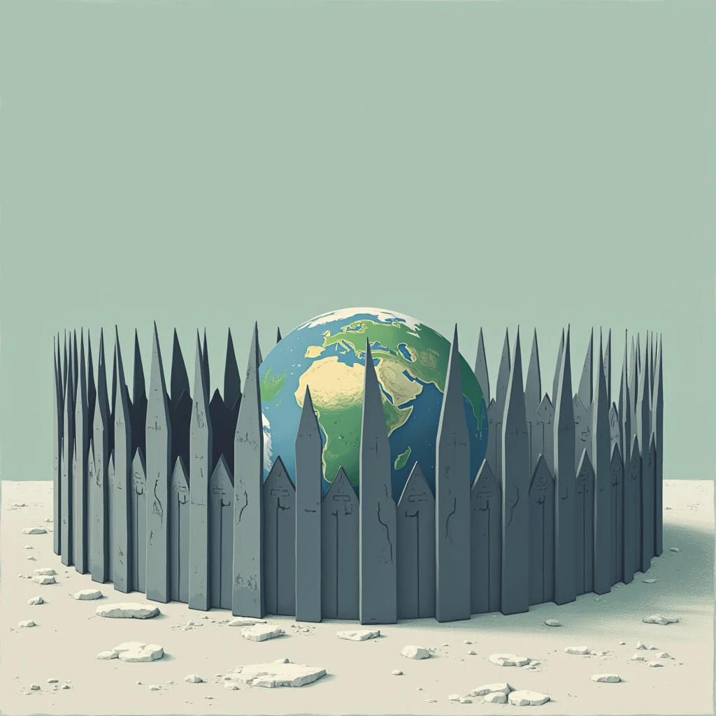 the earth surrounded by metal grey fence, flat design, fence is low , tin and sharp