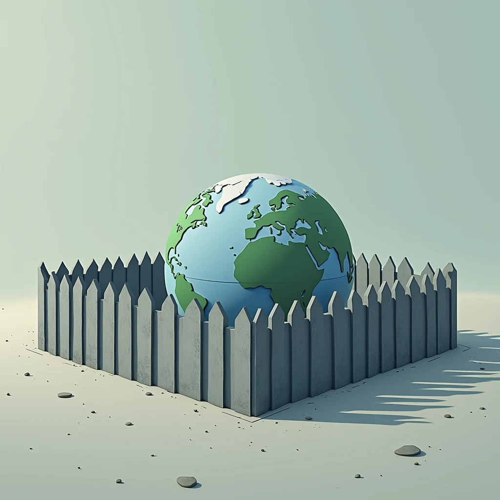 the earth surrounded by metal grey fence, flat design, fence is low , tin and sharp