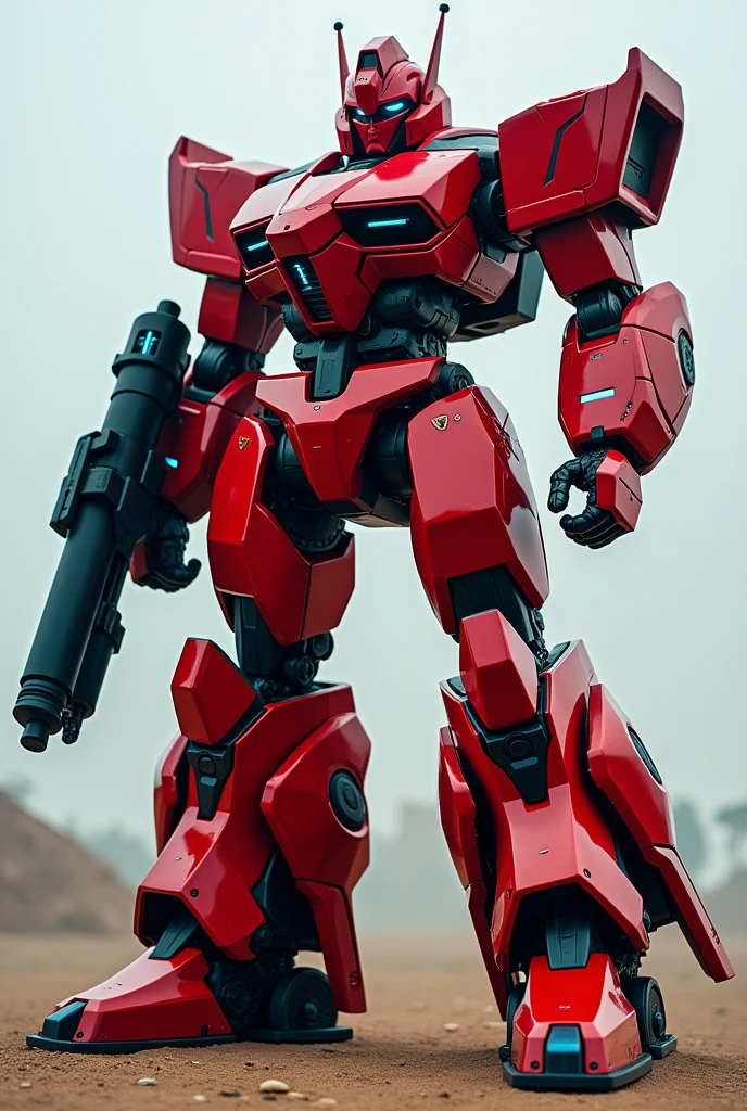A red robot with dark blue details capable of transforming into a Lamborghini Aventador fused with an M1126 Stryker 1/72; with a cannon on his arm as a replacement for his right hand