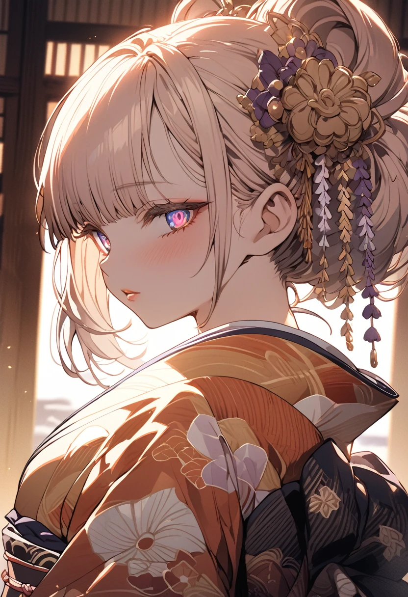 nazuna nanakusa, a beautiful young girl in a traditional japanese kimono, masterpiece, anime style, perfect anatomy, perfect proportions, wide hips, detailed face, detailed eyes, detailed lips, intricate kimono pattern, ornate hair accessories, detailed folds and textures in the kimono fabric, warm color palette, dramatic lighting, 8k, best quality