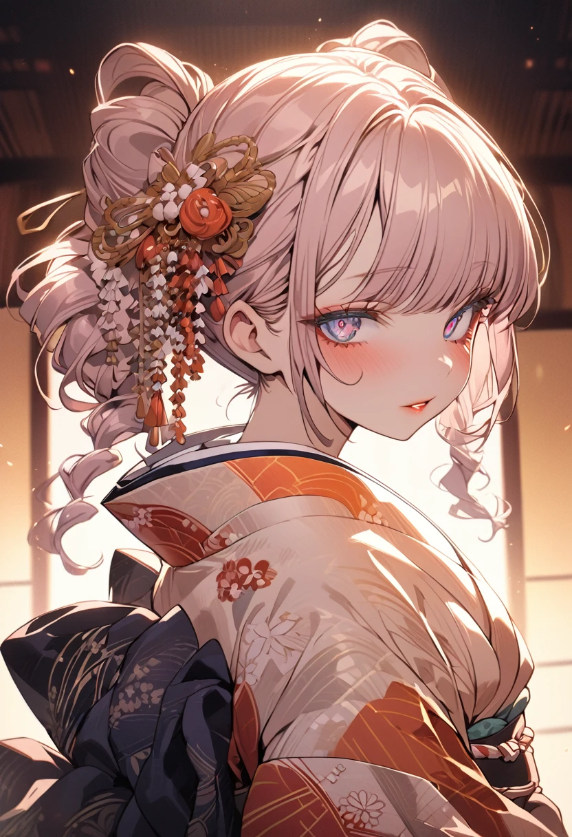 nazuna nanakusa, a beautiful young girl in a traditional japanese kimono, masterpiece, anime style, perfect anatomy, perfect proportions, wide hips, detailed face, detailed eyes, detailed lips, intricate kimono pattern, ornate hair accessories, detailed folds and textures in the kimono fabric, warm color palette, dramatic lighting, 8k, best quality