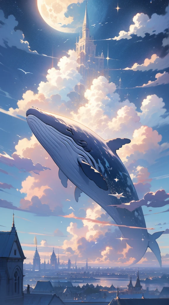 humpback, cloud,(building), sky, moon, star (sky), scenery, no humans, starry sky, night, fish, night sky, full moon, cloudy sky, outdoors, fantasy