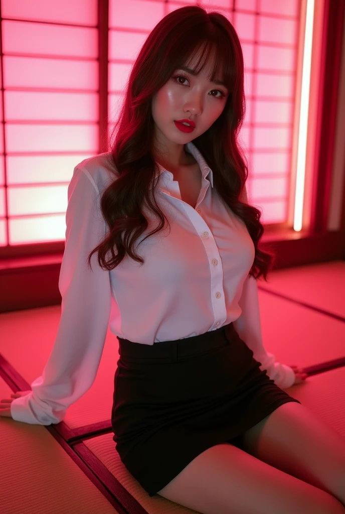 ((Chinese Idol))　Mature Woman　((Plump, bright red lips with lipstick))　Big Breasts　Chubby　A healthy figure　((Brown hair with bangs))　((Looking into the camera))　Sit with your legs apart　((White button shirt and black enamel tight skirt))　　Sit with your legs apart　look down　((A bedroom with shoji and tatami mats lit up in pink neon lights))　