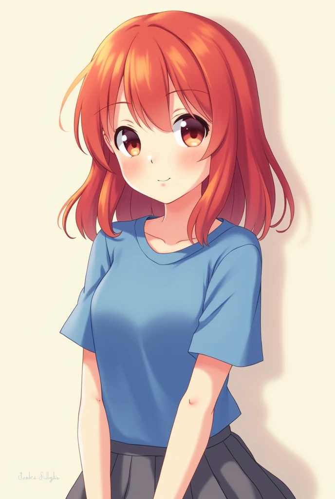 It is an anime woman with medium-short red hair with her hair facing forward, short, with school clothes, a blue t-shirt and gray .