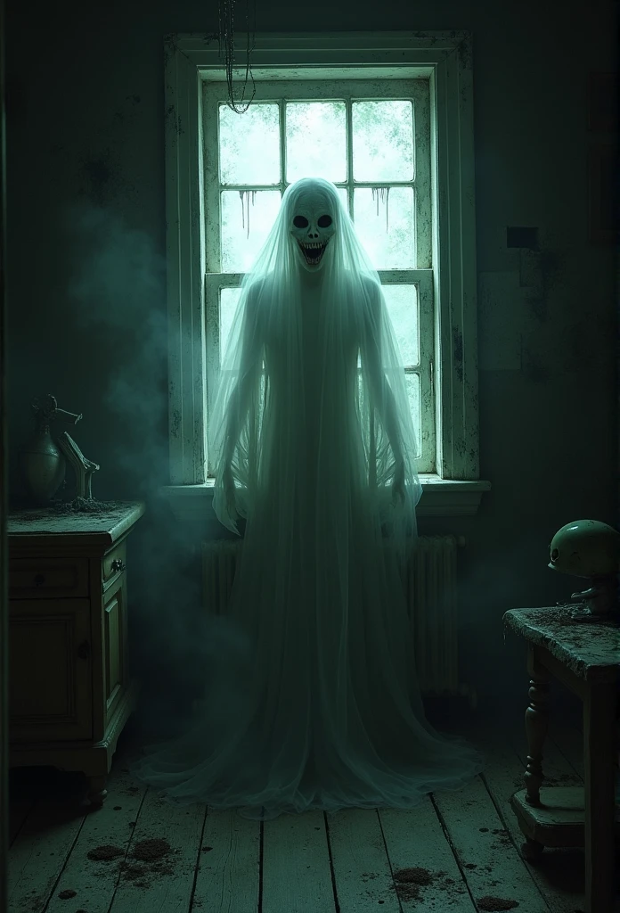A gory ghost looking through a window in the attic, nightmare 