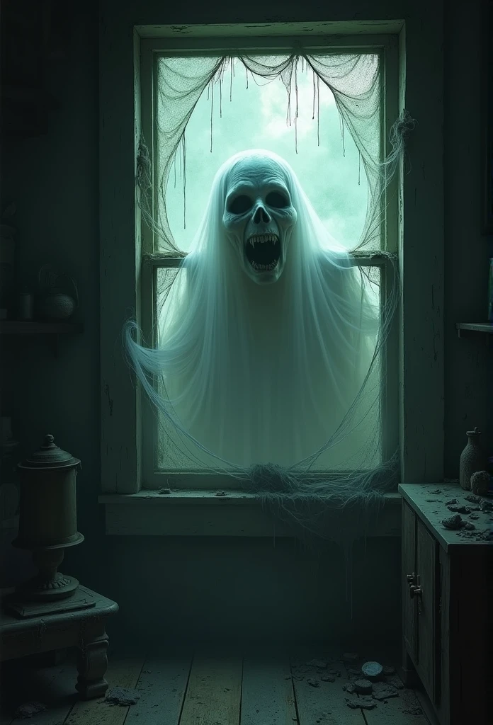 A gory ghost looking through a window in the attic, nightmare 