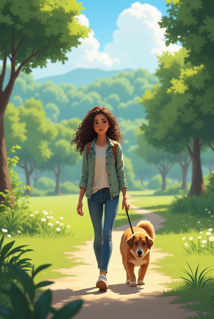 Brunette girl with curly hair walking a dog and a wide background of a park behind her