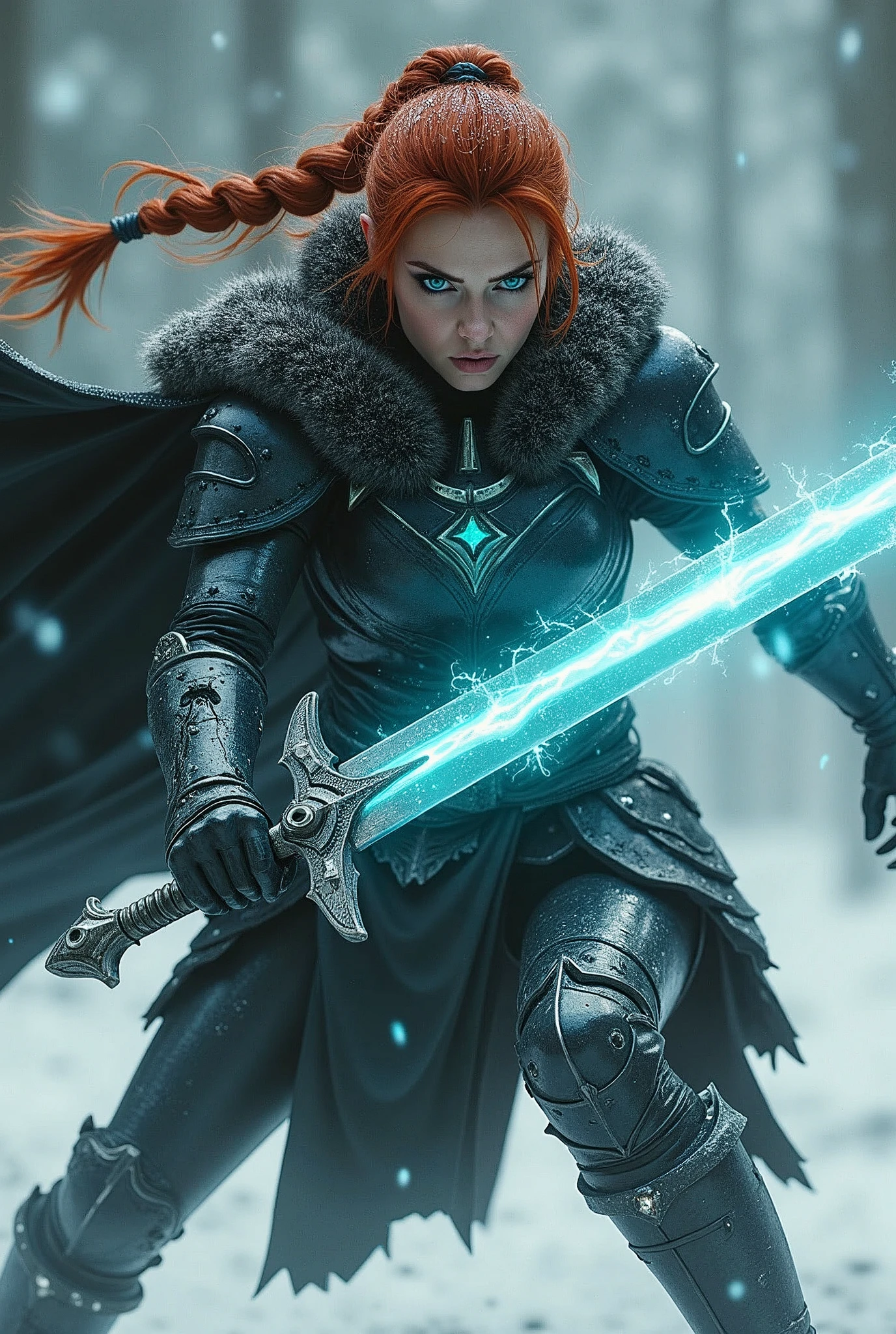 ((upper torso, armored female barbarian savage, battle worn black chrome gloss armor, fur, black cloak, ((((supermodel, triangularface)), [bright red hair:dark hair:0.7]))), iceblue eyes, blackout eyeshadow, iron tiara), braids, massive glowing seafoam lightning engraved sword, windy, outdoor frozen snow snowy forest, dynamic battle pose, lunging, side view
