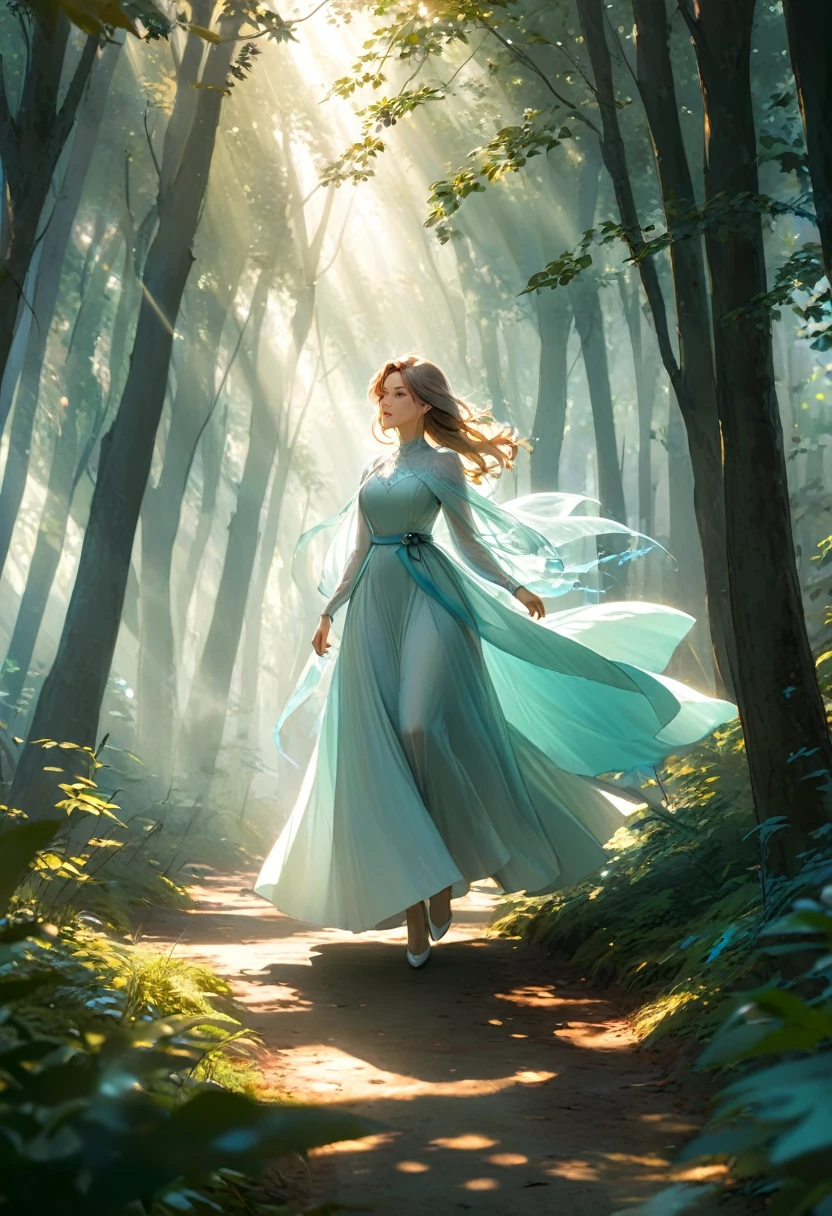An elegant ethereal woman walks through a misty forest in the morning sunlight