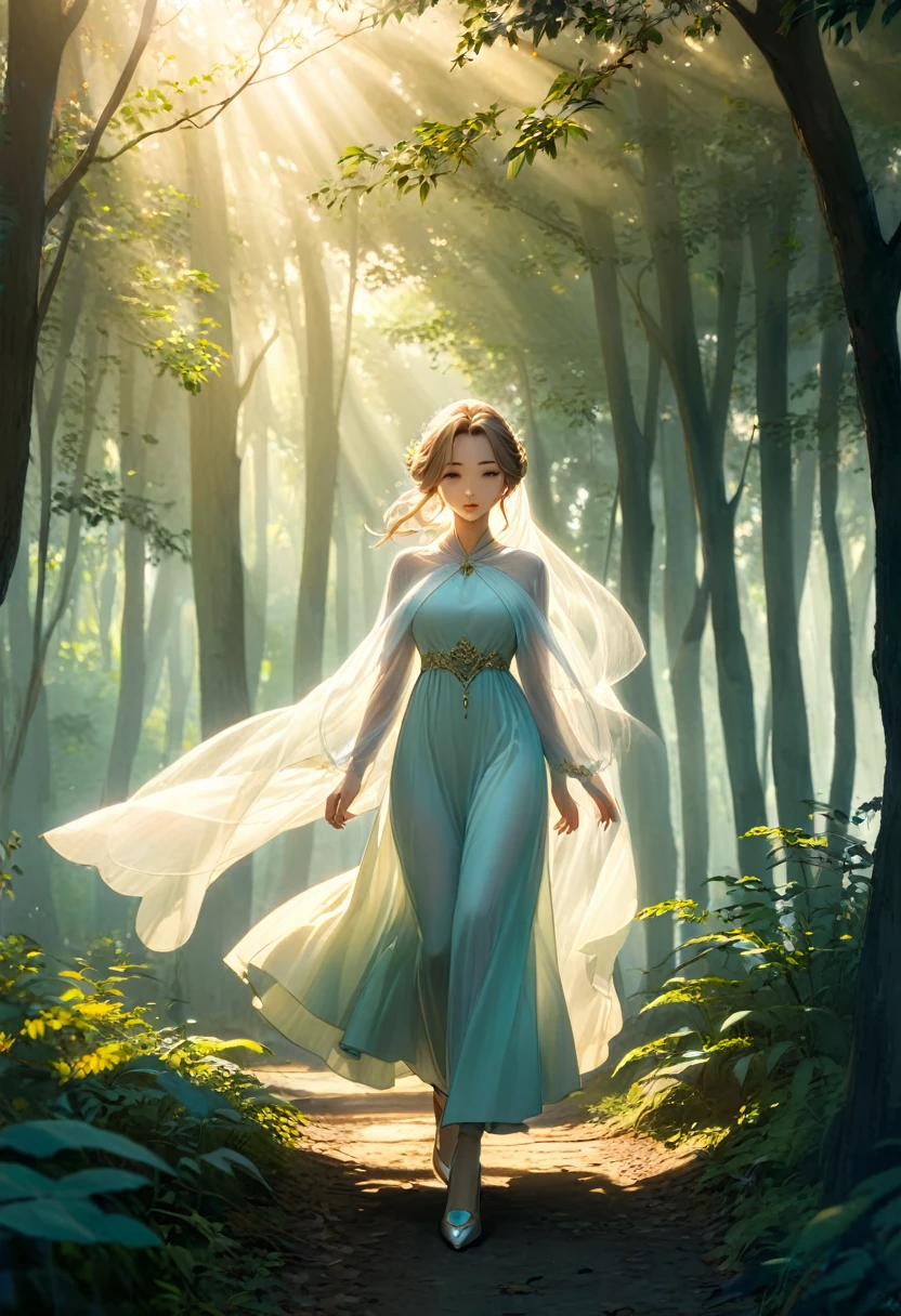 An elegant ethereal woman walks through a misty forest in the morning sunlight