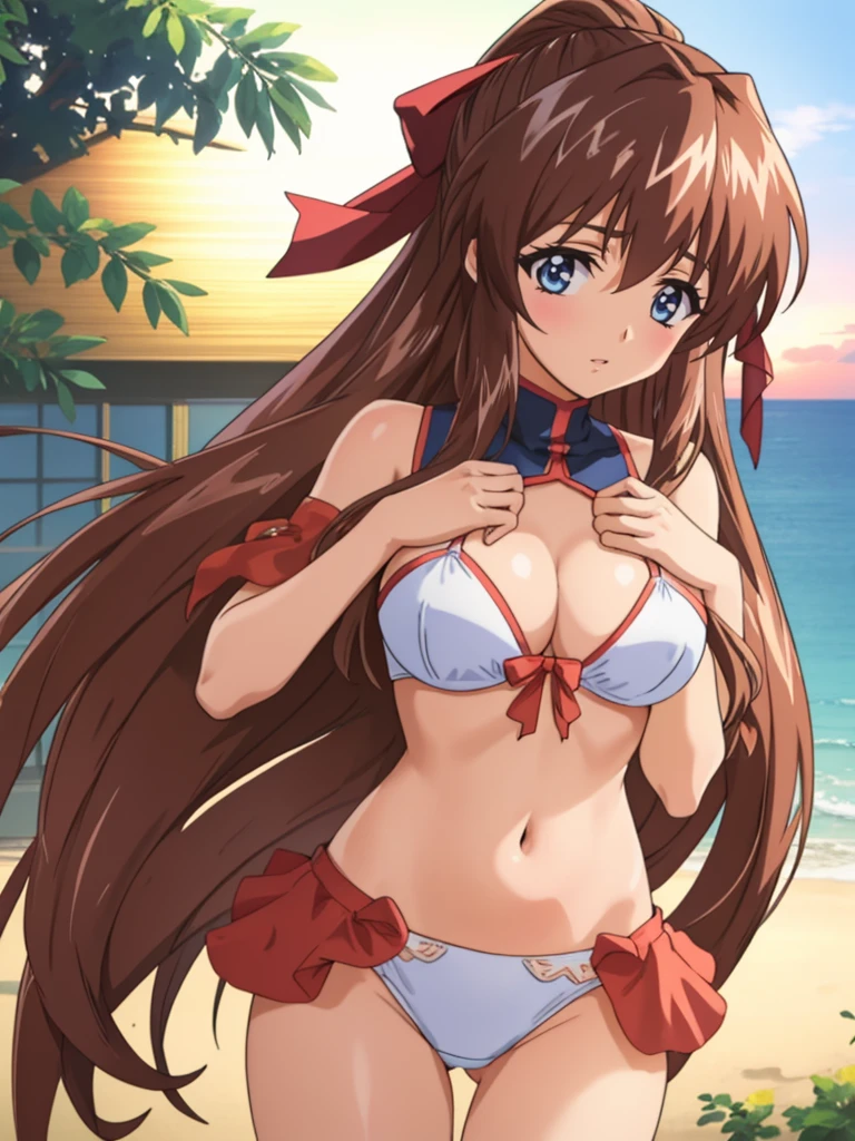(Anime artwork, Anime Style, Studio Anime, Very detailed, up to date, Vibrant, Anime Coloring Book, High Contrast, masterpiece:1.2, Highest quality, Best aesthetics), (Beautiful and detailed:1.2), Straight Long Hair, Large Middle Chest, Hair Ribbon, (White Bikini, sunset, Private beach), ((A man rubs his chest from behind)), Asymmetrical bangs, Perfect Proportions, Skin with attention to detail, cute, Detailed face, blush, Lips parted, liar, View your viewers, (Cowboy Shot, Dynamic Angle:1.2), (Accurate fingertips, Browse 4, Thumb 1),