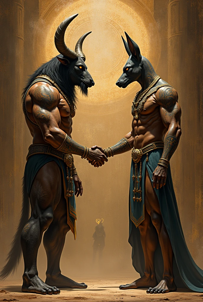 minotaur and anubis manly handshake and both of character is a warrior concept and lot of alibata or baybayin tattoo