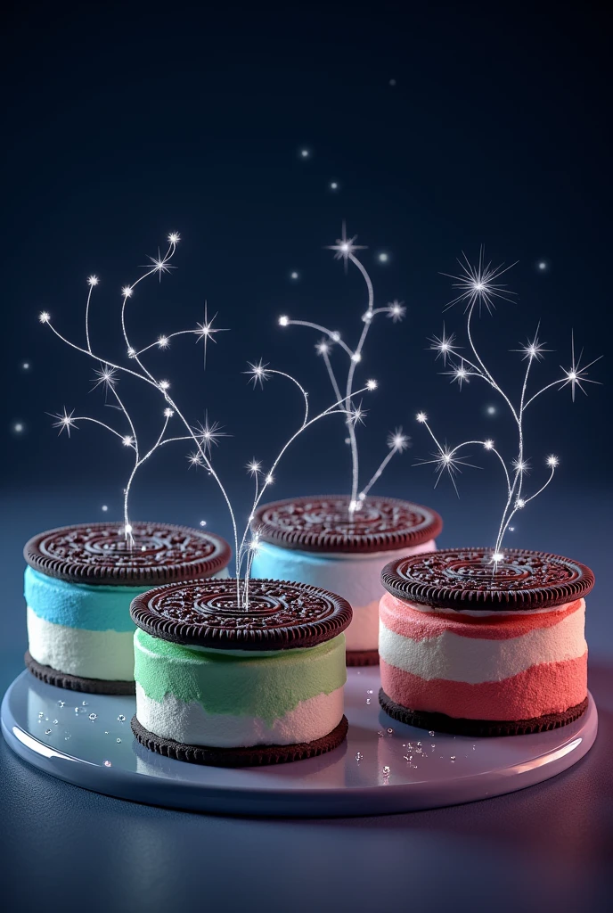 Make 4 Oreos, Each cake has a filling color of green., blue, white and red pastel, with constellation printed on the cake and oreo brand name