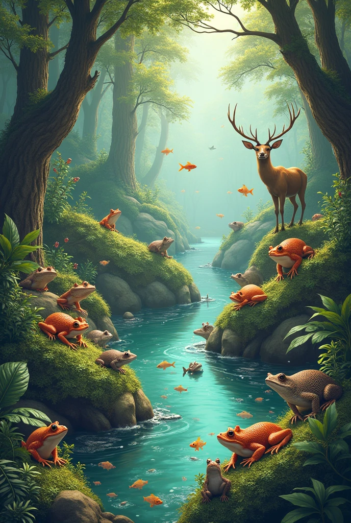 frogs, frogs, Lizards, deer, and a variety of fish.