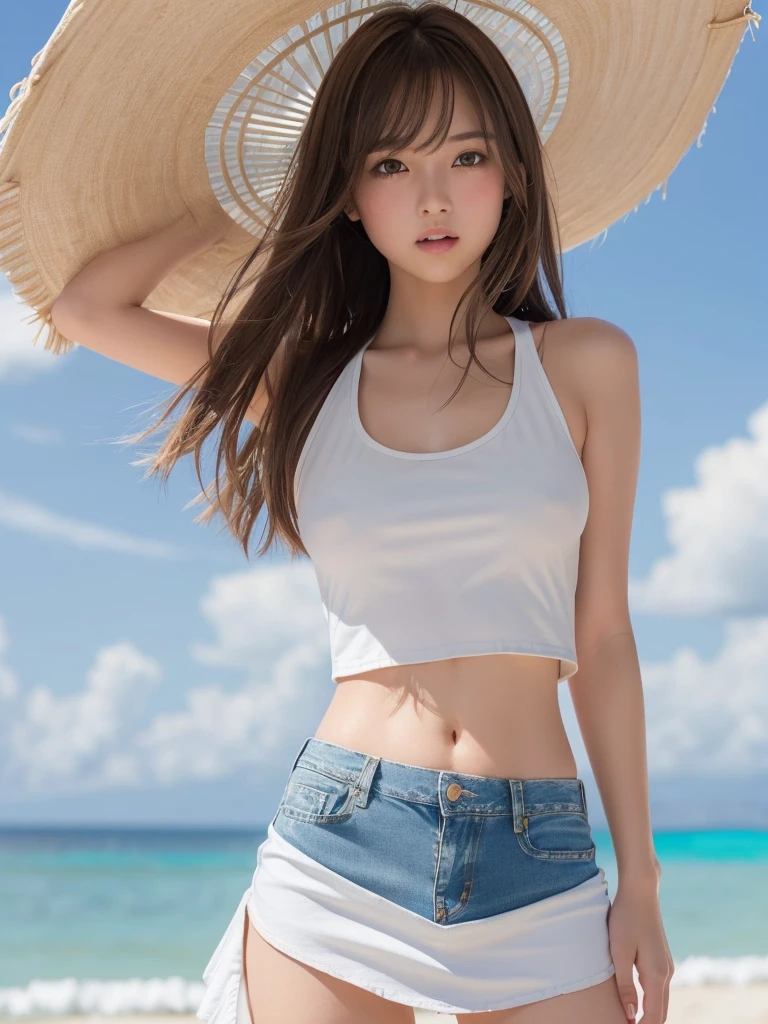 masterpiece,Highest quality,1 girl,Cowboy Shot,Front view,Young and cute Japanese,A small smile,((Stylish beach shade:1.5)),((Stylish and sexy white tank top:1.5)),wear,((Ultra short micro denim mini skirt:1.5)),wear,No underwear,Very cute face,Baby Face,Glossy Lips,Big brown eyes,Double eyelids on both eyes,(Natural Makeup),Fluttering in the wind,Glossy and smooth((Light brown long hair:1.5)),Asymmetrical bangs,Center image,8k resolution,Attention to detail,Detailed hairstyle,Detailed face,Cinema Lighting,Octane Rendering,Ultra-realistic,Perfect limbs,Beautiful legs,Voluptuous thighs,Huge breasts,(Glowing Skin,Sweaty:1.3)Perfect Anatomy,Spread your legs,((Provocative dynamic pose:1.5)),Skirt flip(no panties:1.5),nsfw,(spread pussy:1.5)