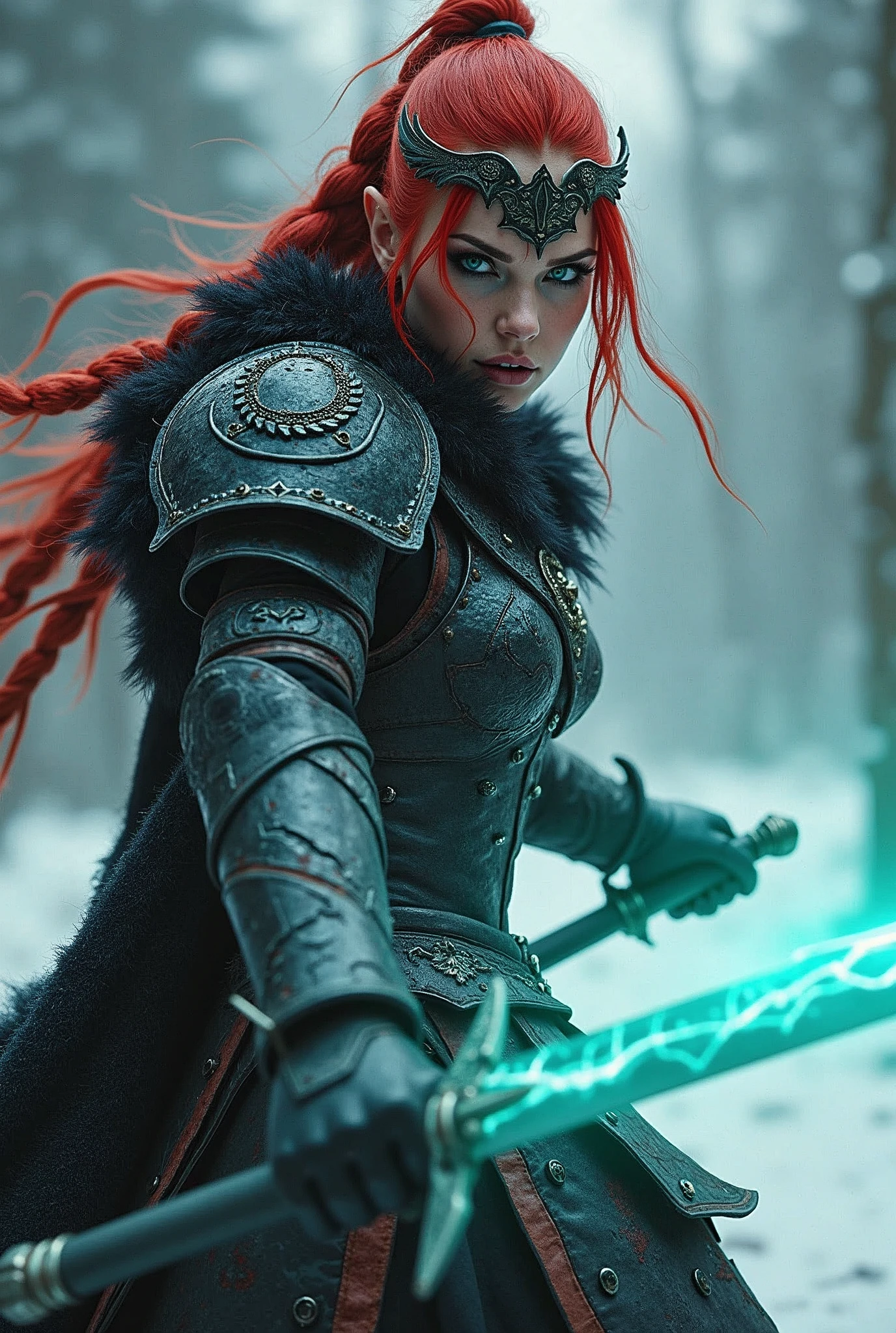 ((upper torso, armored female barbarian savage, battle worn black chrome gloss armor, fur, black cloak, ((((supermodel, triangularface)), [bright red hair:dark hair:0.7]))), iceblue eyes, blackout eyeshadow, iron tiara), braids, massive glowing seafoam lightning engraved sword, windy, outdoor frozen snow snowy forest, dynamic battle pose, lunging, side view
