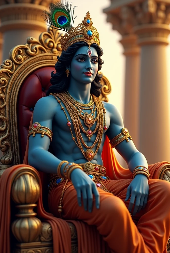 Visualize Lord Krishna seated majestically on an intricately carved throne within a grand palace. The throne, adorned with detailed patterns and precious gems, exudes opulence and regal beauty. Krishna, with his dark, luminous complexion, is clad in richly embroidered garments, which may include deep blues and golds that emphasize his divine status.
Atop his head, he wears a crown featuring a single, elegant peacock feather that stands out with its vivid, iridescent colors. This feather adds a touch of grace and vibrancy to his regal appearance. Krishna’s serene, radiant smile reflects his divine nature and inner peace.
The palace around him is adorned with luxurious decor: ornate pillars, grand arches, and opulent drapes that highlight the richness of the setting. Soft, golden light enhances the overall ambiance, casting a warm glow that accentuates Krishna’s divine presence and the grandeur of his surroundings.