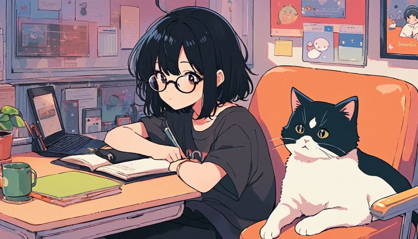 lofi girl, lofi portrait, lofi artstyle, lofi art, anime boy with black hair and glasses sitting at a desk with a cat, inspired by Okumura Togyu, inspired by Okumura Masanobu, in anime style, anime visual of a cute cat, in an anime style, anime asthetic, anime cat, anime aesthetic, modern anime style, anime lover, anime picture, pin on anime